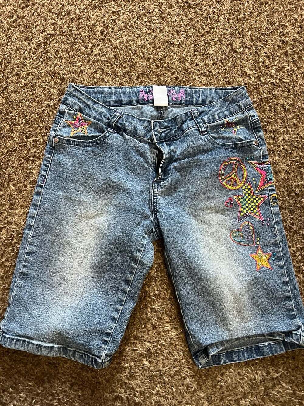 Total Girl Girls Denim Embroidered Peace Sign and Star Bermuda Shorts Size 14